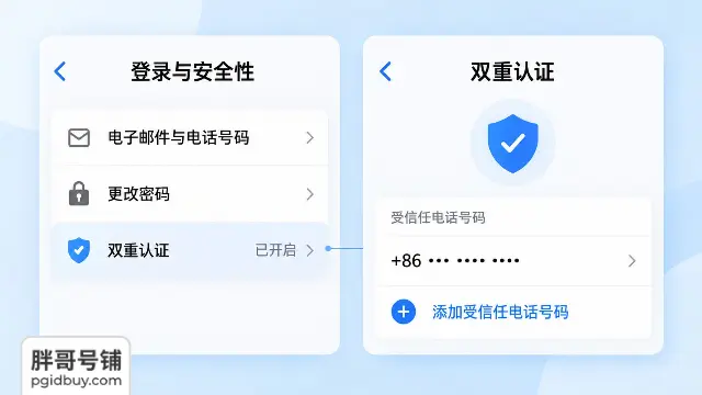 Apple账户登录与安全性及双重认证设置示意,展示受信任电话号码管理入口